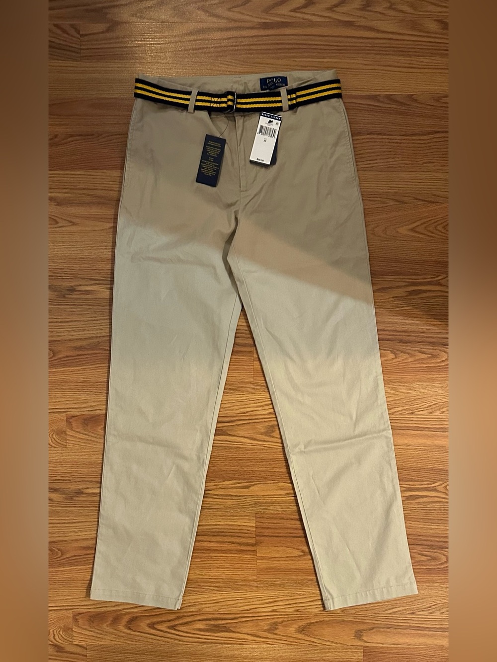 Polo Ralph Lauren Big Boy Tan Chino Pants with Black and Yellow Striped Belt, XL